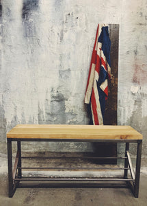 Industrial Shoe Bench with American oak top